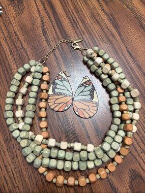Plunder Green, Tan & Cream Multi-Strand Beaded Necklace with Butterfly Earrings